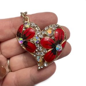 $3/20 Heart Keychain with Red Flowers and Rhinestones
